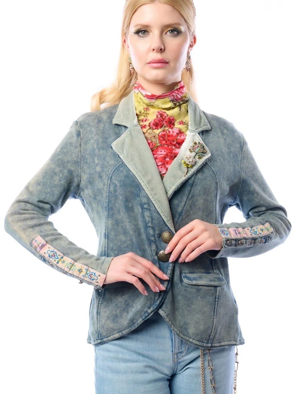 Women's Washed Blue Denim Blazer Jacket